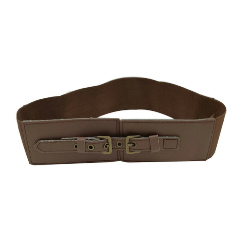 70mm Wide Women's Brown Elasticated Waist Belt with Double Buckle for Fashion Accessory