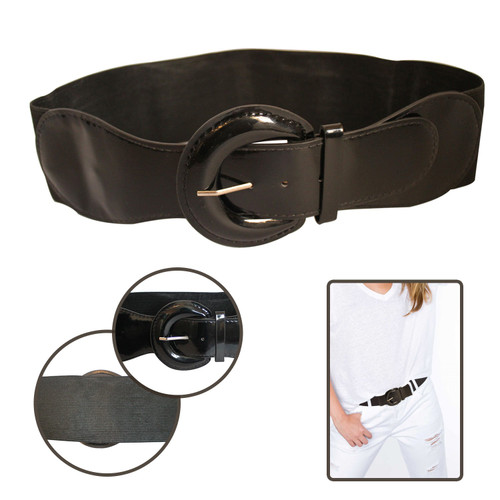 2.5" Wide Black Elasticated Waist Belt with Shiny Buckle for Women Fashion Accessory
