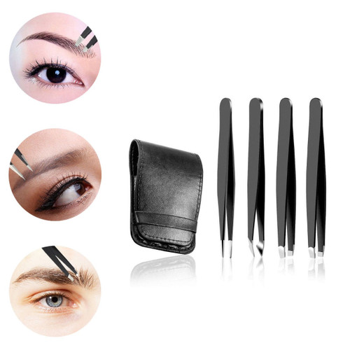 Stainless Steel Black Eyebrow Facial Hair Plucker Tweezers Set