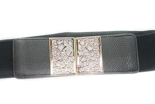 Leather Elasticated / Stretchable Broad Rectangle Stars Clip-ons Black Waist Belt- Women Fashion Accessory-2 Inch Wide