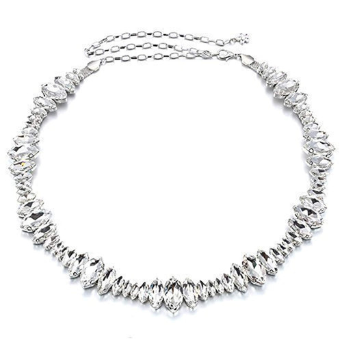 47" Marquise Rhinestone Diamante Silver Waist Belts for Women Fashion Accessory
