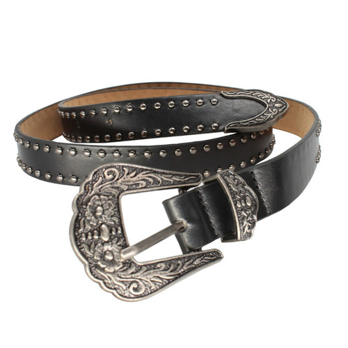 Western Belt PU Leather Strap Vintage Buckle Rivet Studded Cowboy Belt Fashion Accessory 25mm