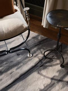 David Rockwell Fjord Flint rug, carved grey and ivory pile in dappled light beneath an iron curule chair