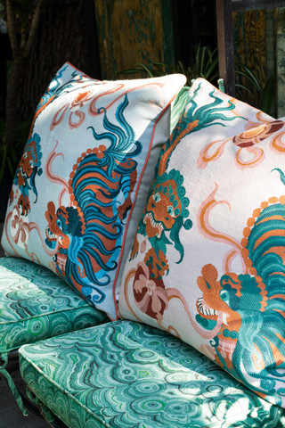 Lion Dance Pink by Guo Pei cushion insitu