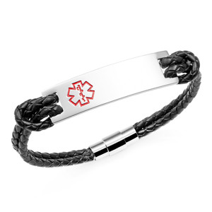 Black Leather Jaya Medical ID Bracelet 7 inch