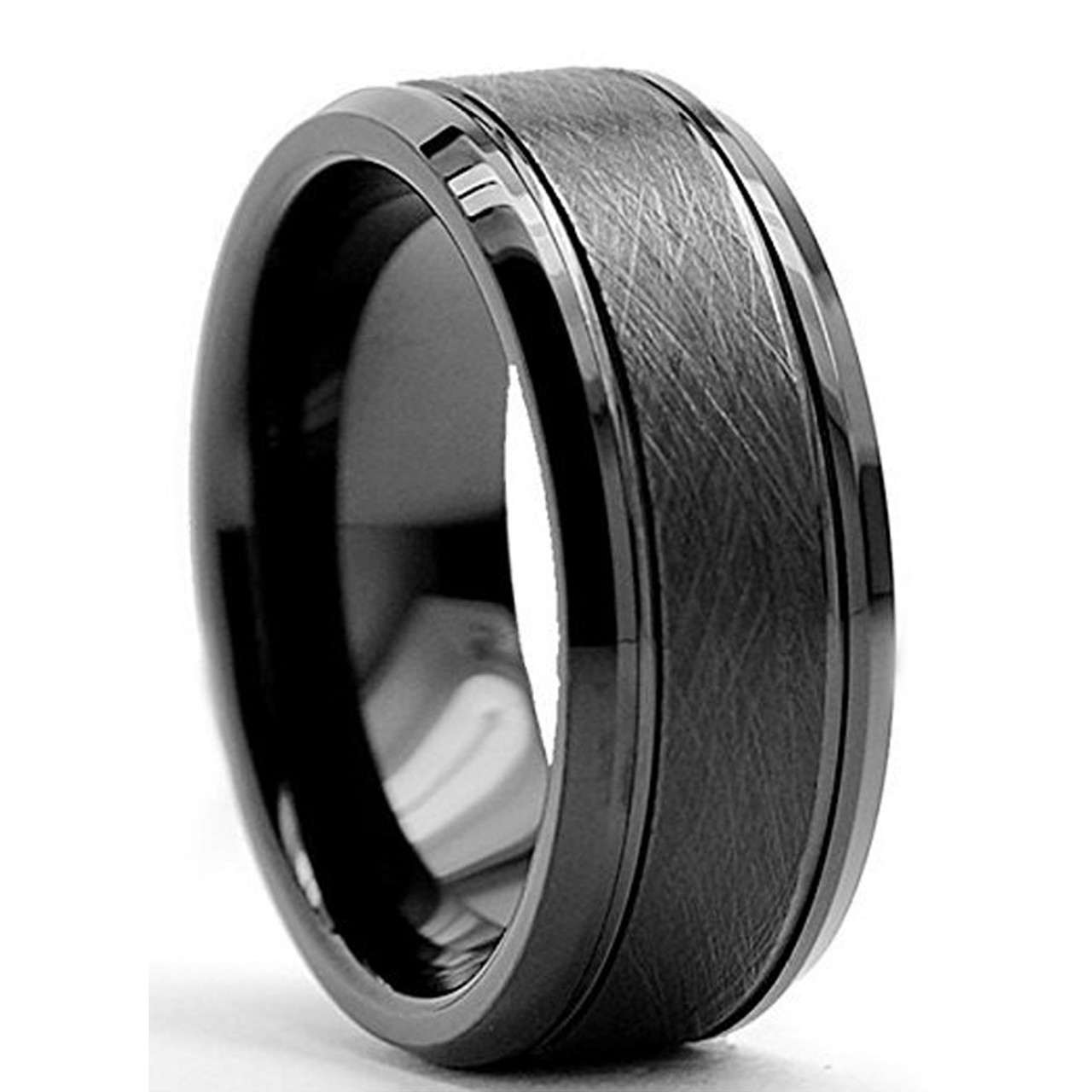 Black Tungsten Carbide 8mm Comfort Fit Brushed Center Double Grooved  Beveled Edge Wedding Band