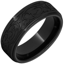 Black-Diamond-Ceramic-Flat-Grooved-Edge-8mm-with-Art-Nouveau-Laser-Engraving-Wedding-Band-Side-View1 Black-Diamond-Ceramic-Flat-Grooved-Edge-8mm-with-Art-Nouveau-Laser-Engraving-Wedding-Band-Side-View1