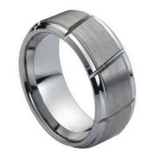 Tungsten-Ring-Brushed-Finish-with-Diagonal-Cut-Grooves-Stepdown-Edges-9mm-Wedding-Band-Full-View Tungsten-Ring-Brushed-Finish-with-Diagonal-Cut-Grooves-Stepdown-Edges-9mm-Wedding-Band-Full-View