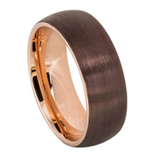 Rose-Gold-plated-Tungsten-Ring-with-Brown-Brushed-Domed-Top-8mm-Wedding-Band-Full-View-1