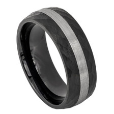 Black-Tungsten-with-Hammered-Finish-and-Brushed-Silver-Center-8mm-Wedding-Band-Full-View-1 Black-Tungsten-with-Hammered-Finish-and-Brushed-Silver-Center-8mm-Wedding-Band-Full-View-1