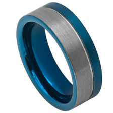 Blue-Tungsten-Flat-Ring-with-Off-Center-Groove-and-Brushed-Silver-Surface-8mm-Wedding-Band-Full-View-1