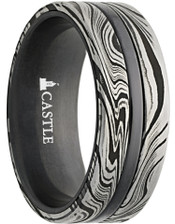 Handcrafted-Damascus-Steel-Double-Inlays-on-Black-Zirconium-8mm-Comfort-Fit-Wedding-Band-Vertical-View-1