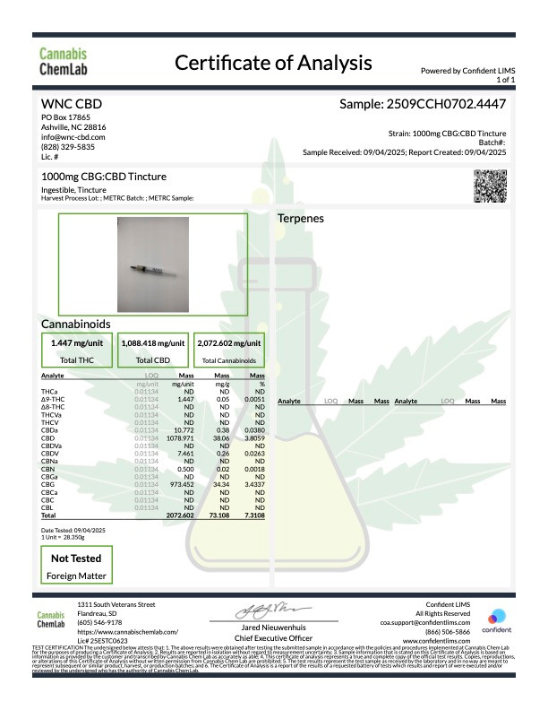 1,000mg CBG : 1,000mg CBD Oil Tincture – Focus & Clarity Formula