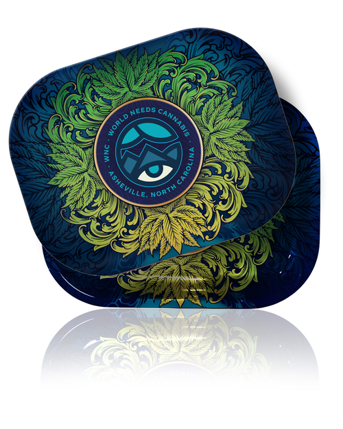 WNC Visions Rolling Tray, navy metal tray with lid, featuring green and gold cannabis leaf design and WNC logo on tray and lid