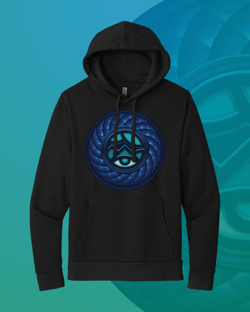 WNC World Needs Cannabis Vortex Hoodie in black featuring the blue vortex graphic on front