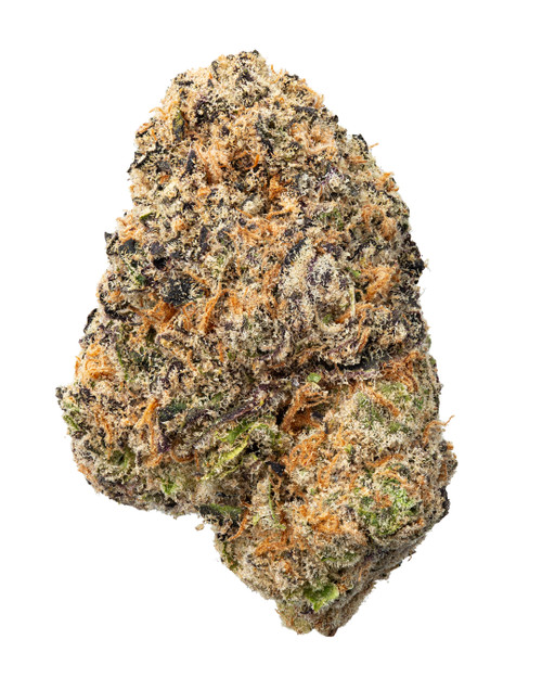A dense Lizard Bones cannabis bud featuring forest green leaves with deep purple hues, bright orange pistils, coated in crystalline trichomes