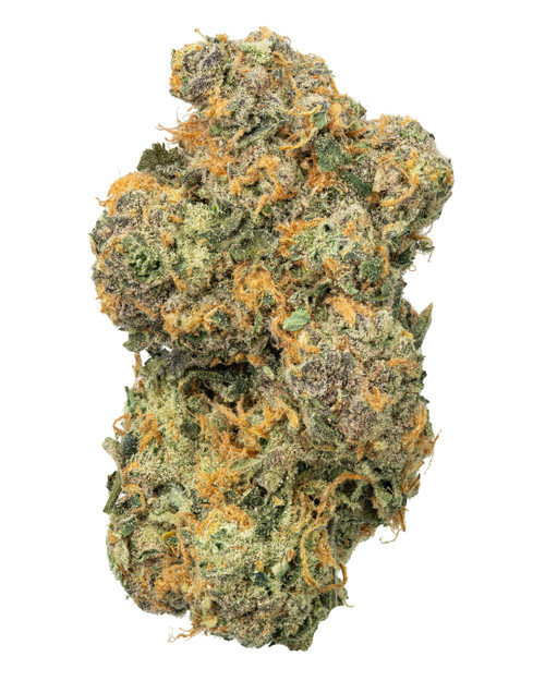 A dense Grapefruit Gelato cannabis bud featuring forest green leaves with red wine colored hues, bright orange pistils, and a thick, frosty layer of crystalline trichomes