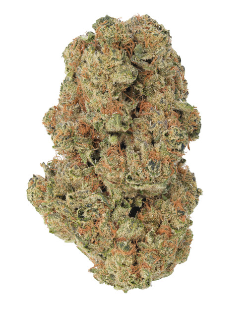 A dense Lemon Drop cannabis bud with green leaves, orange hairs, and frosty trichomes.