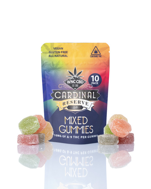 Cardinal Reserve Δ9 Gummies in colorful packaging with various colored gummies.