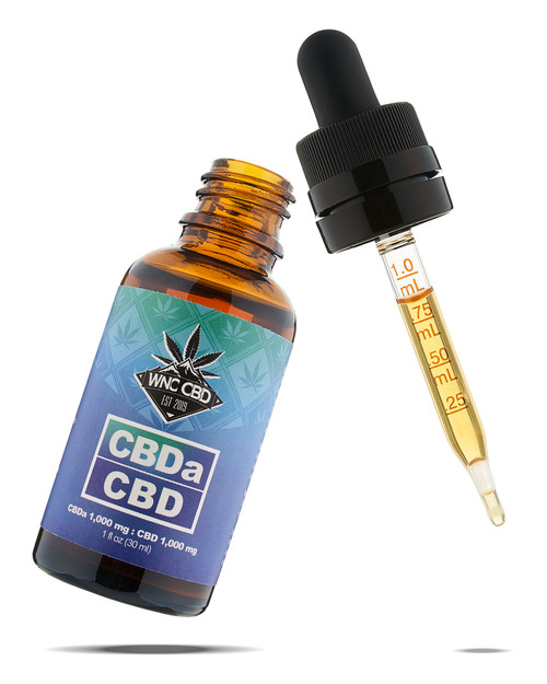 1,000mg CBDa : 1,000mg CBD Rosin Oil Tincture in amber bottle with dropper, blue label.