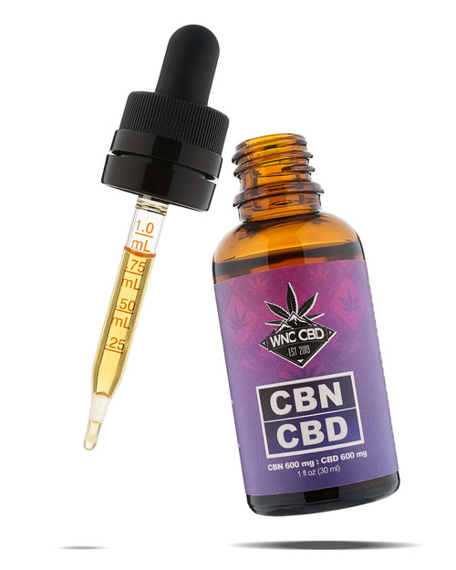 600mg CBN : 600mg CBD Oil Tincture with dropper, amber bottle, purple WNC CBD label. 600mg CBN : 600mg CBD Oil Tincture with dropper, amber bottle, purple WNC CBD label.