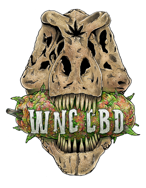 WNC CBD Dino Sticker featuring a dinosaur skull with cannabis-themed elements and bold "WNC CBD" text. WNC CBD Dino Sticker featuring a dinosaur skull with cannabis-themed elements and bold "WNC CBD" text.
