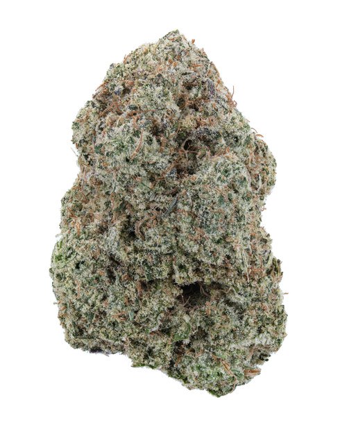 Karma 20/20 Indoor THCa Flower, dense bud with green hues and orange pistils, 80/20 Sativa Hybrid.