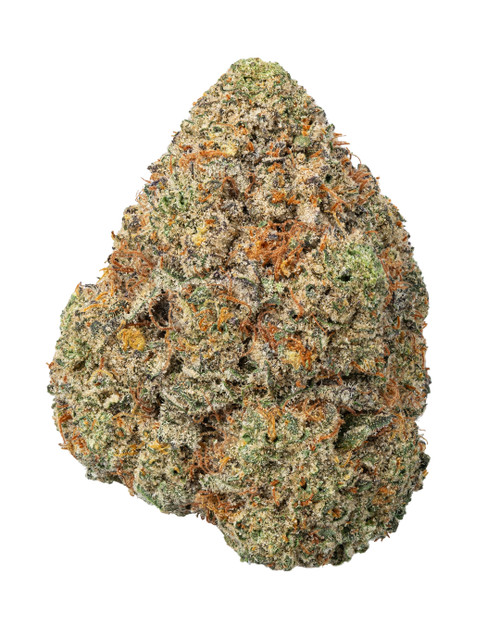 A dense, spade-shaped Bruce Banner cannabis bud with vibrant green leaves, bright orange pistils, and a heavy frosting of crystal-like trichomes