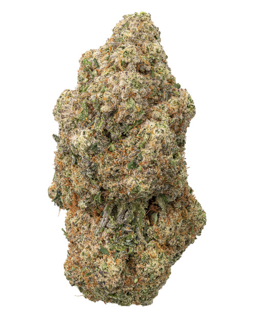 A Maui Wowie cannabis bud, featuring vibrant light-green leaves, fiery orange pistils, and a sugary, crystalline coating of trichomes