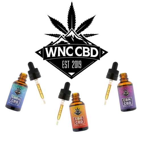 Tincture Bundle featuring CBDa, CBG, and CBN bottles with droppers, colorful labels, WNC CBD branding.
