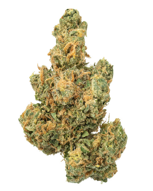 A dense Jack Herer cannabis bud displaying olive green leaves, burnt orange pistils, and a heavy frost of crystalline trichomes