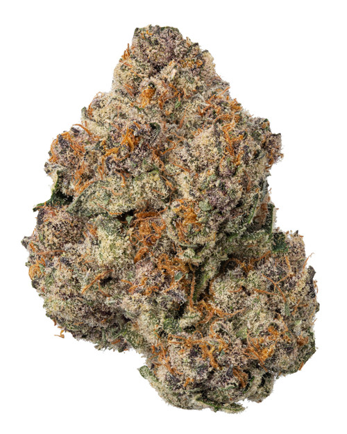 A dense Pink Kush cannabis bud featuring forest green leaves with dark purple and pink hues, amber pistils, and a thick layer of crystalline trichomes