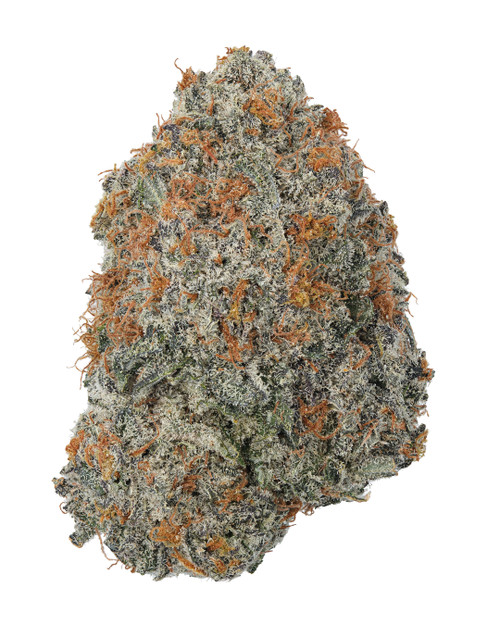 Milk & Cookies Indoor THCa Flower, dense bud with frosty trichomes, hints of orange pistils, and green leaves.