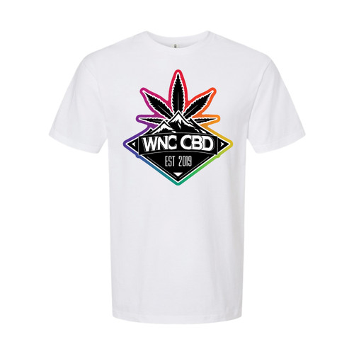 WNC CBD Rainbow Logo Shirt in white featuring a colorful rainbow CBD leaf and logo design.