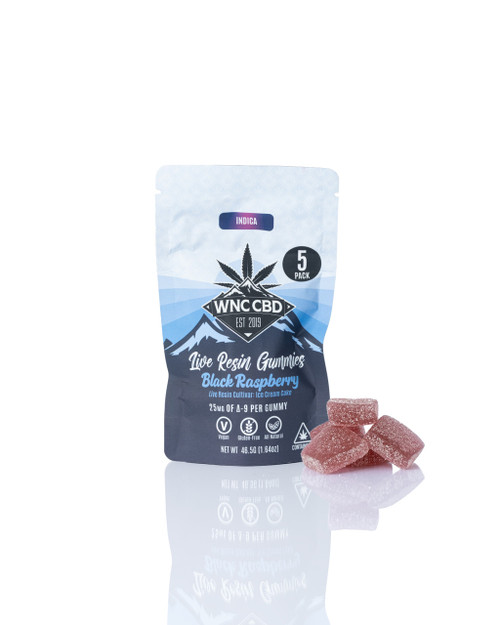 Black Raspberry Delta-9 Live Resin Gummies, 25mg Ice Cream Cake, WNC, 5-pack, pink gummies with sugar coating.