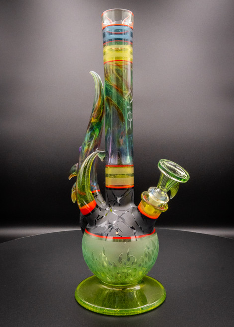 JDZ Space Through The Branches glass bong with multicolored tube and intricate leaf patterns on the base.