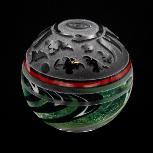JDZ Dichro Orb glass accessory with frosted top, intricate cutouts, and vibrant red, green, black layers.