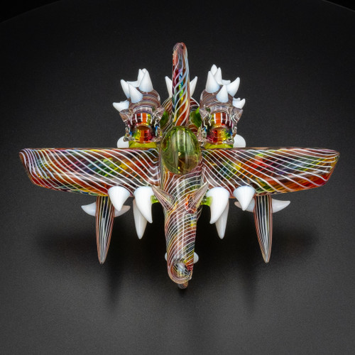 Karma x JDZ High Flyer Rig glass accessory with colorful swirls and white spikes, sculpted intricate design.
