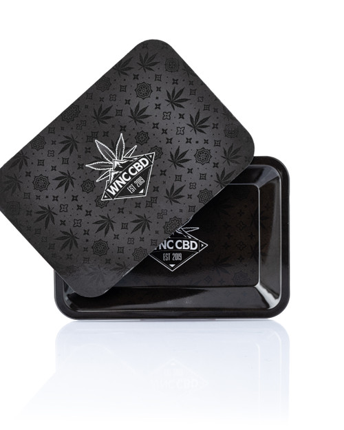 WNC CBD Rolling Tray, black metal tray with magnetic lid