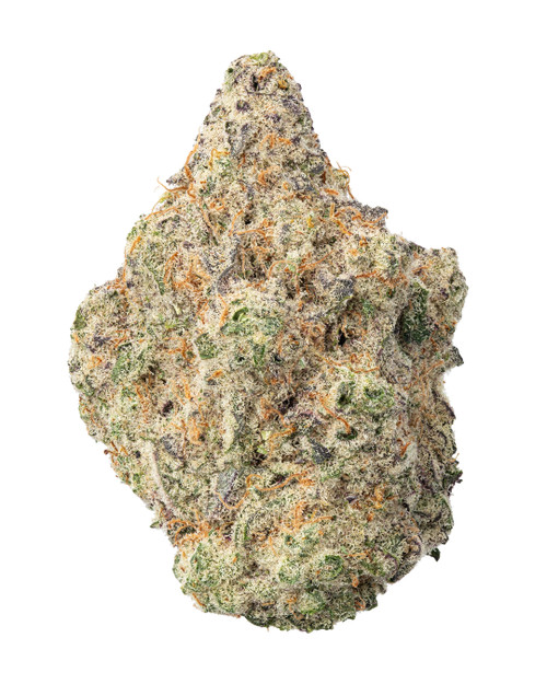 A dense, spade-shaped MAC #1 (Cap’s Cut) cannabis bud, displaying light green and dark purple foliage intertwined with bright orange pistils and heavily coated in sparkling white crystal trichomes 