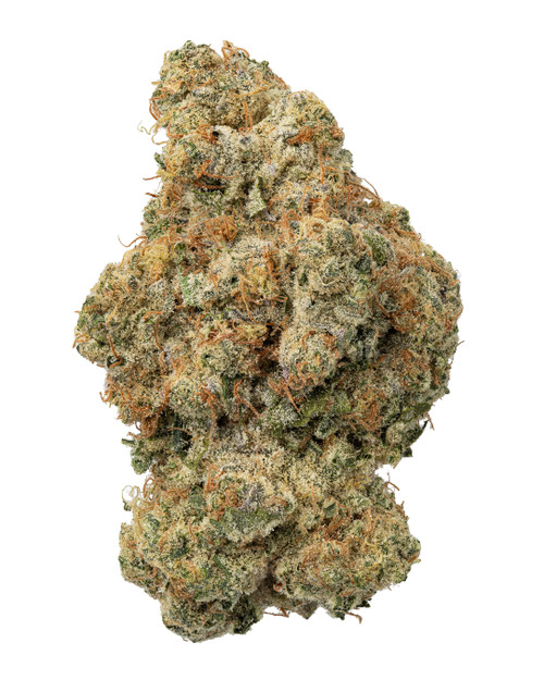 A dense Garlic Cheerios cannabis bud featuring forest green leaves and amber pistils, coated in a sparkling layer of white crystal trichomes 