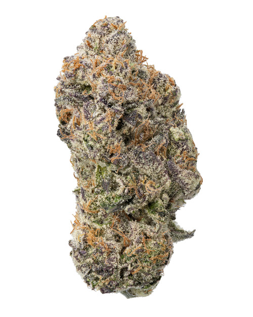 A dense Tropical Runtz cannabis bud displaying bright green and purple hues, orange pistils, and a heavy frost of crystalline trichomes