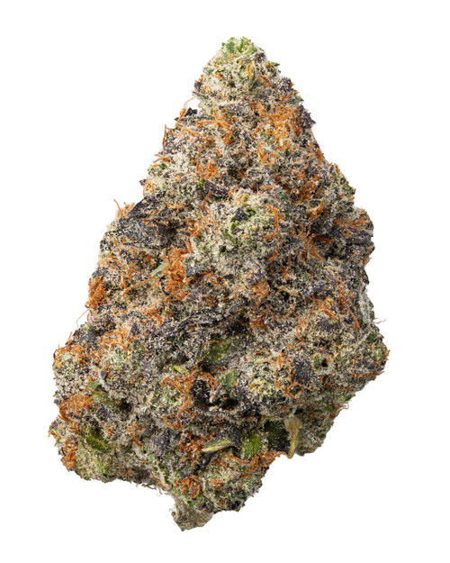 A dense Gummiez cannabis bud featuring bright green and deep purple hues with amber pistils and a layer of crystalline trichomes