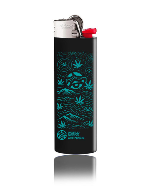 A black BIC lighter with custom WNC logo featuring a teal hazy night graphic and World Needs Cannabis logo