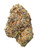 A dense Lizard Bones cannabis bud featuring forest green leaves with deep purple hues, bright orange pistils, coated in crystalline trichomes
