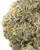 Close up of a dense Rain Drop cannabis bud with lime and olive green leaves, yellow-orange pistils, and frosty trichomes