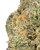 Close up of a dense Pixi Sticks cannabis bud featuring forest green leaves with deep purple hues, bright orange pistils, coated in crystalline trichomes