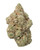 A dense Karma 20/20 cannabis bud, displaying vibrant green foliage intertwined with bright orange pistils and heavily coated in golden-white crystal trichomes 