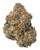 A dense Pink Kush cannabis bud featuring forest green leaves with dark purple and pink hues, amber pistils, and a thick layer of crystalline trichomes