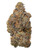 A dense Zoap cannabis bud displaying forest green and dark purple hues, amber pistils, and a thick layer of frosty white trichomes 